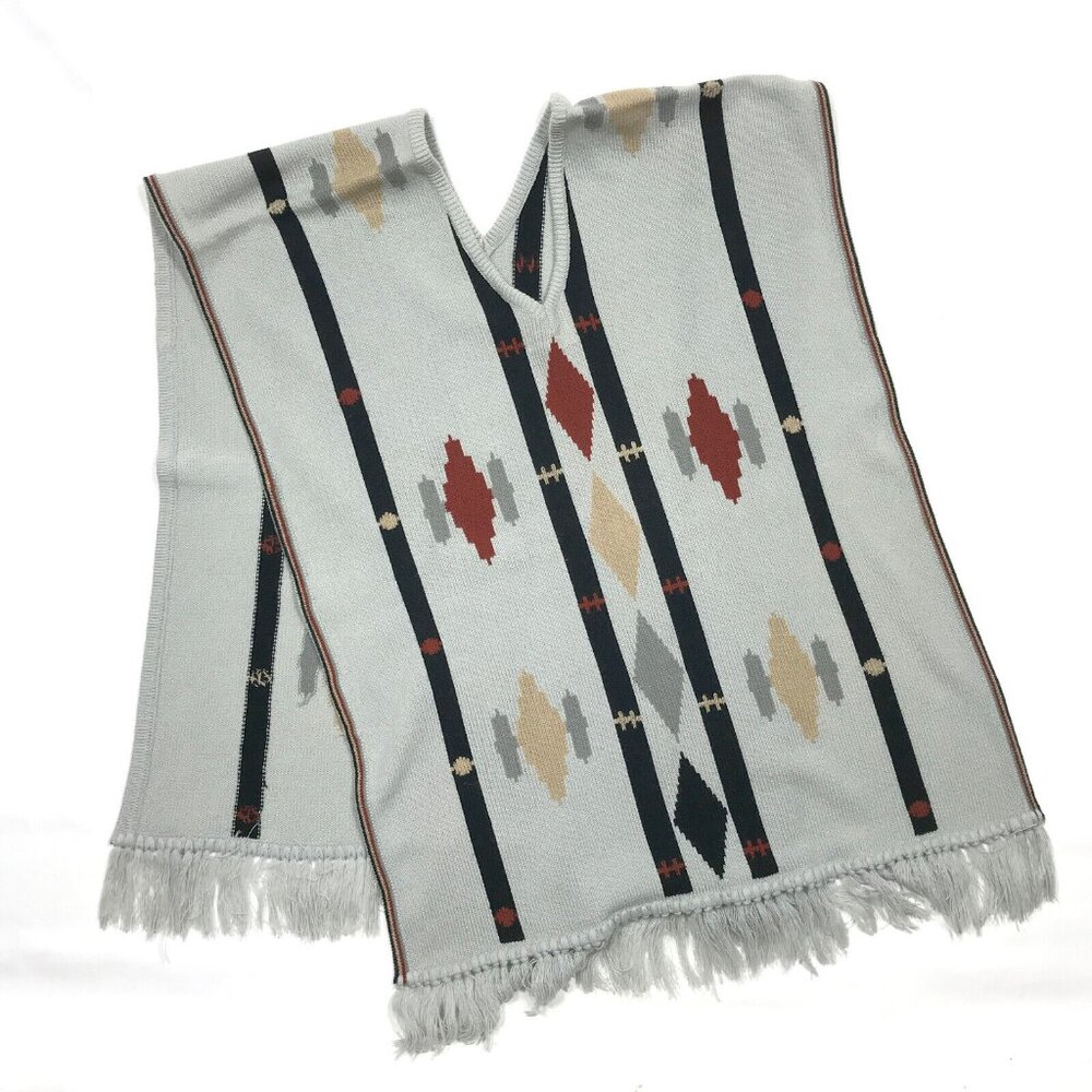 VTG 70s Kimlon Gray Southwestern Aztec Knit Sweater Shawl Poncho Boho Womens OS